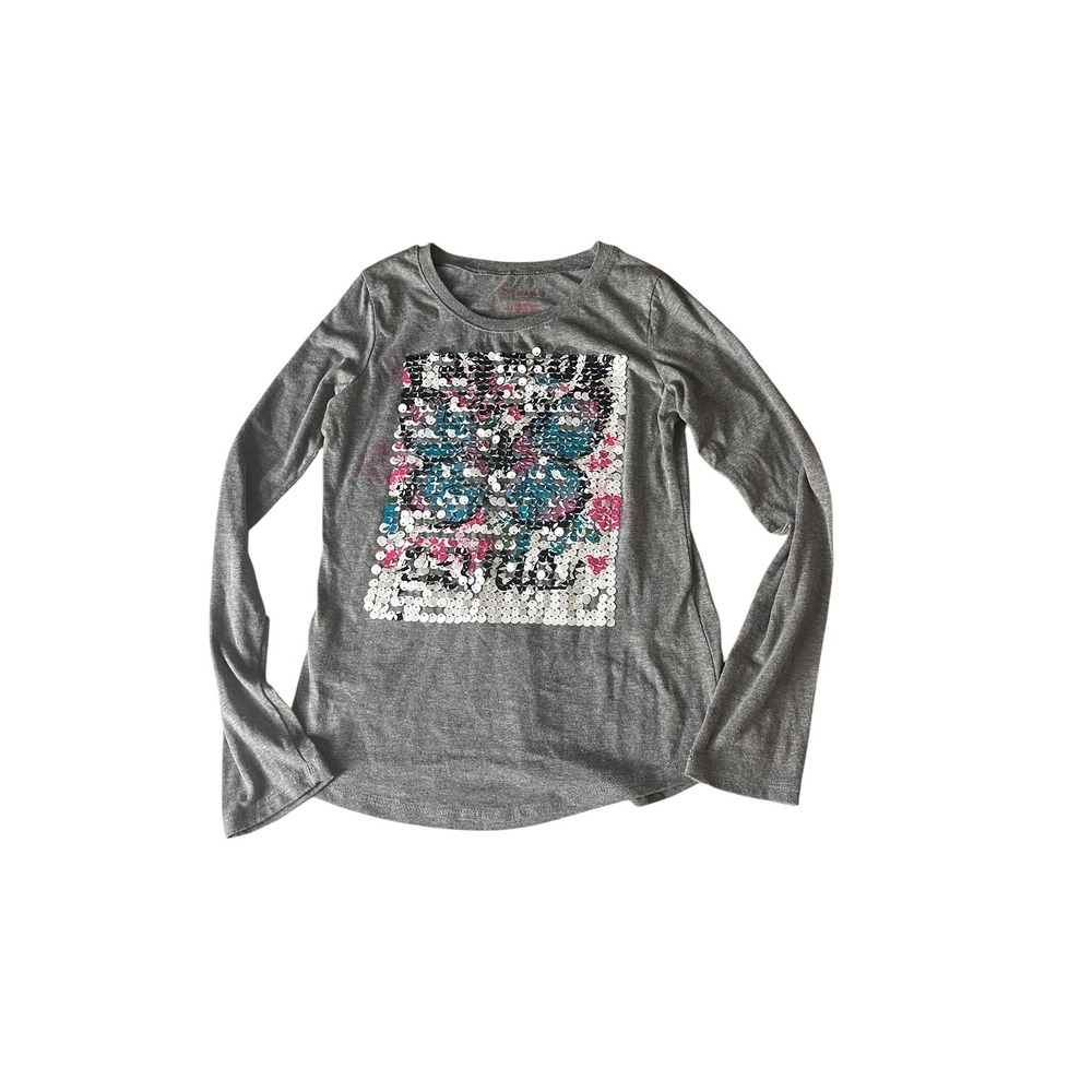 Colette Lilly Shirt Girls Size L 14/16 Gray Sequin Butterfly Graphic Long Sleeve